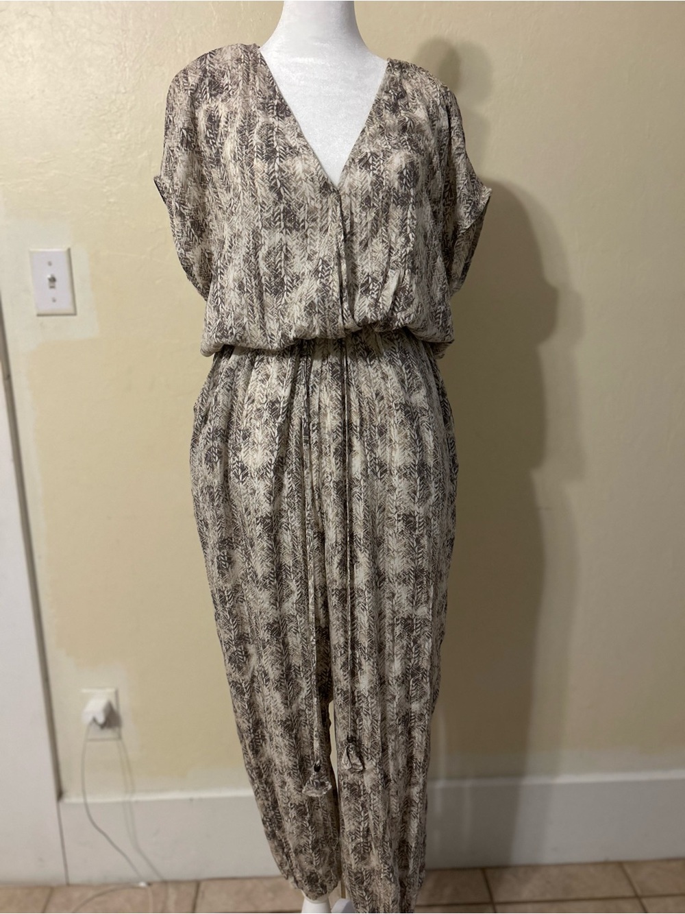 Vici Taupe & Brown Printed V-Neck Jumpsuit